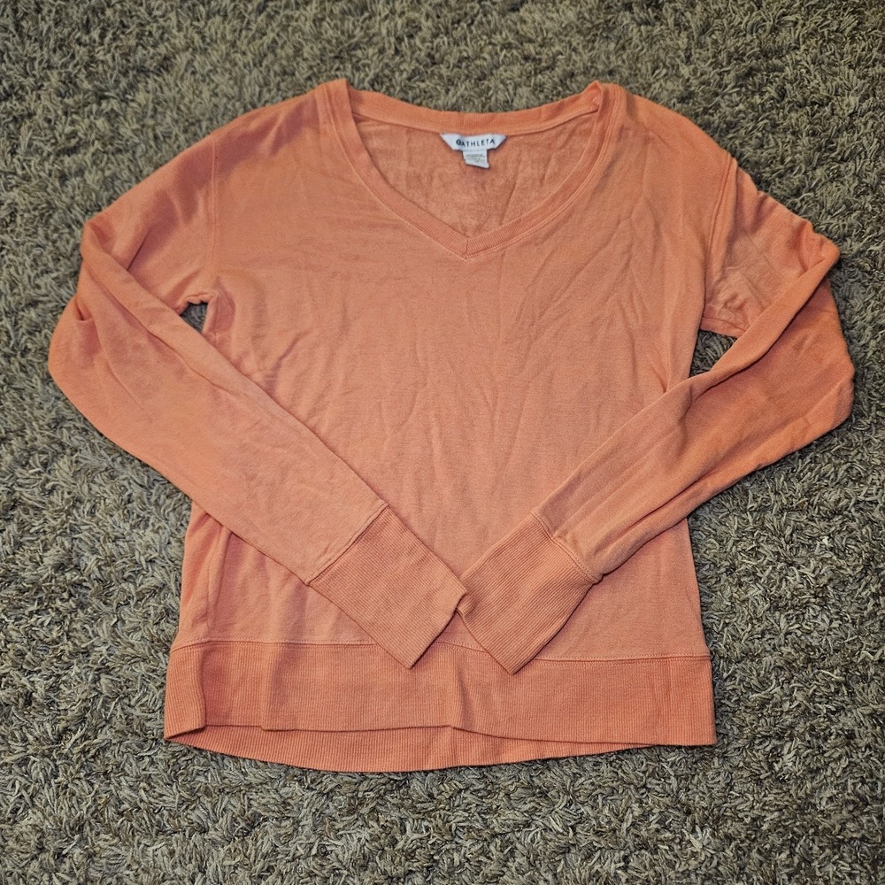 Athleta Sunrise V-Neck Sweatshirt Pink Pullover Thumb Holes Size XS